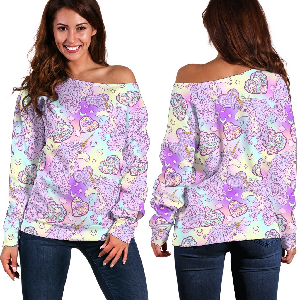 Unicorn Rainbow Star Heart Print Off Shoulder Sweatshirt