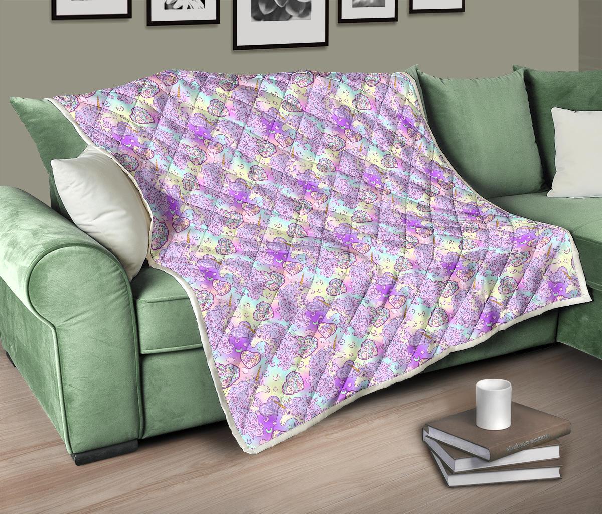 Unicorn Rainbow Star Heart Print Premium Quilt-JTAMIGO.COM
