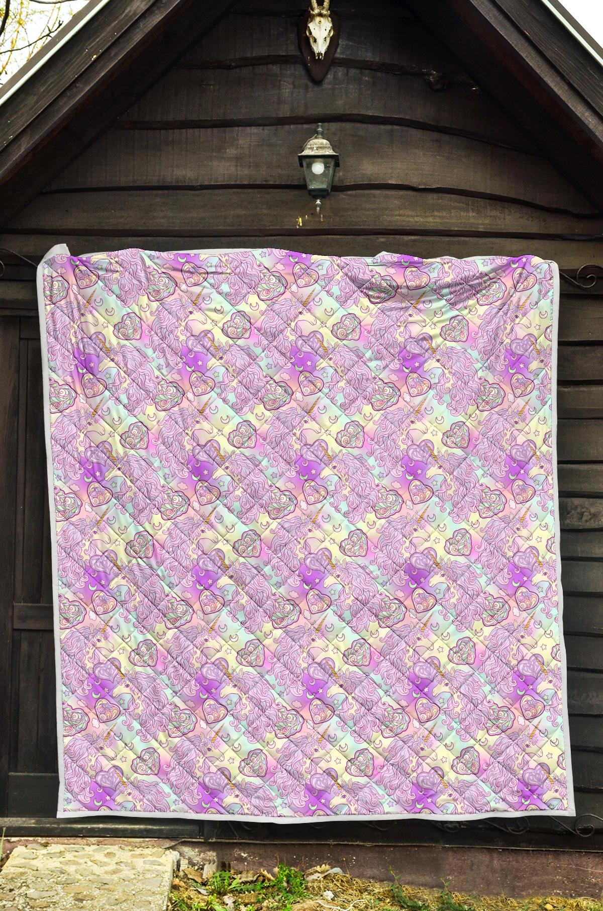Unicorn Rainbow Star Heart Print Premium Quilt-JTAMIGO.COM