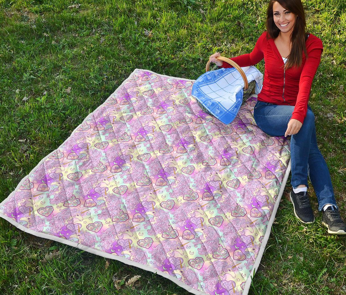 Unicorn Rainbow Star Heart Print Premium Quilt-JTAMIGO.COM