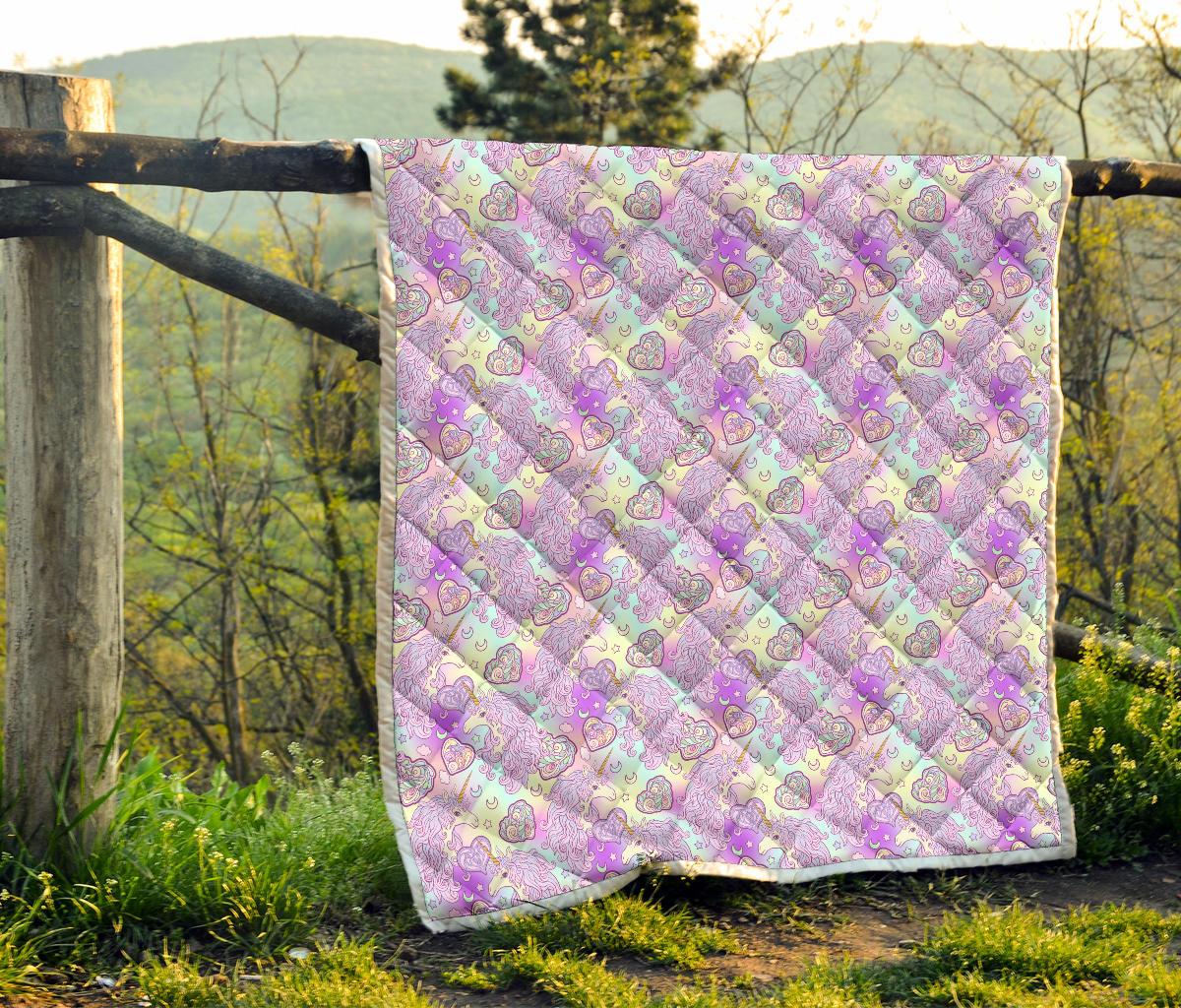 Unicorn Rainbow Star Heart Print Premium Quilt-JTAMIGO.COM