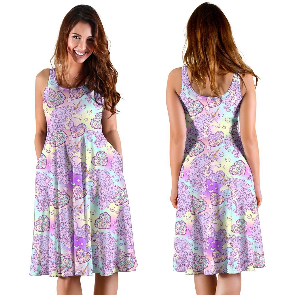 Unicorn Rainbow Star Heart Print Sleeveless Dress