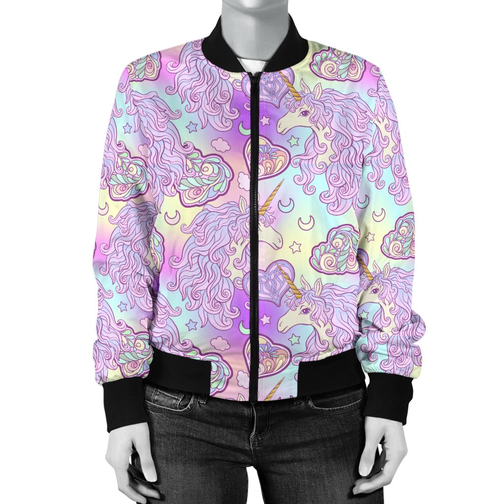 Unicorn Rainbow Star Heart Print Women Casual Bomber Jacket