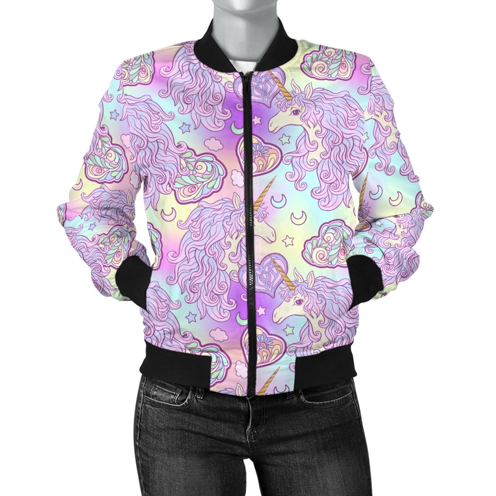 Unicorn Rainbow Star Heart Print Women Casual Bomber Jacket