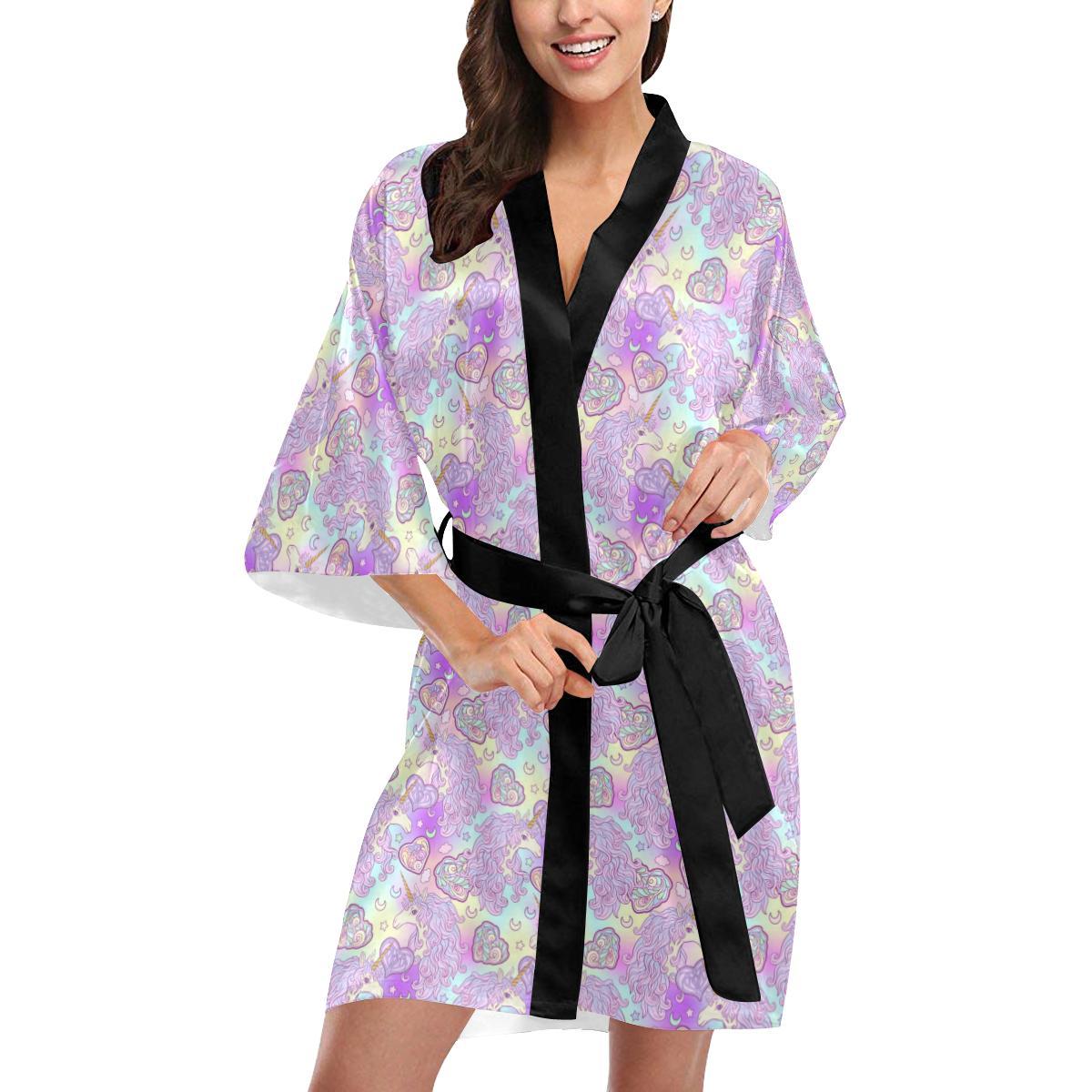 Unicorn Rainbow Star Heart Print Women Short Kimono Robe