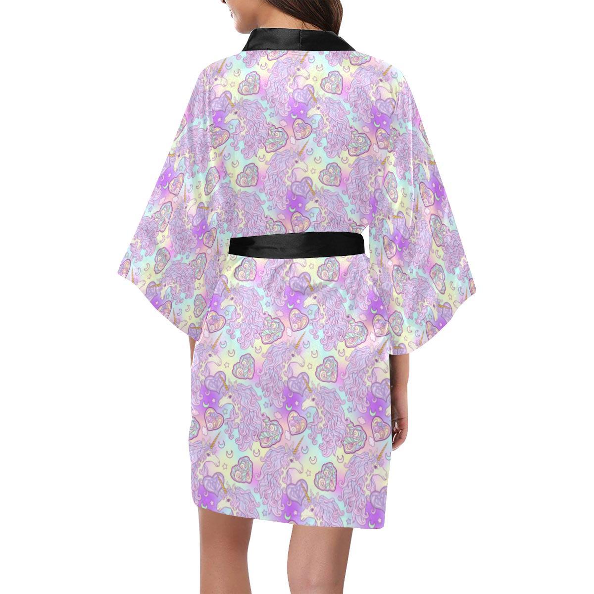 Unicorn Rainbow Star Heart Print Women Short Kimono Robe