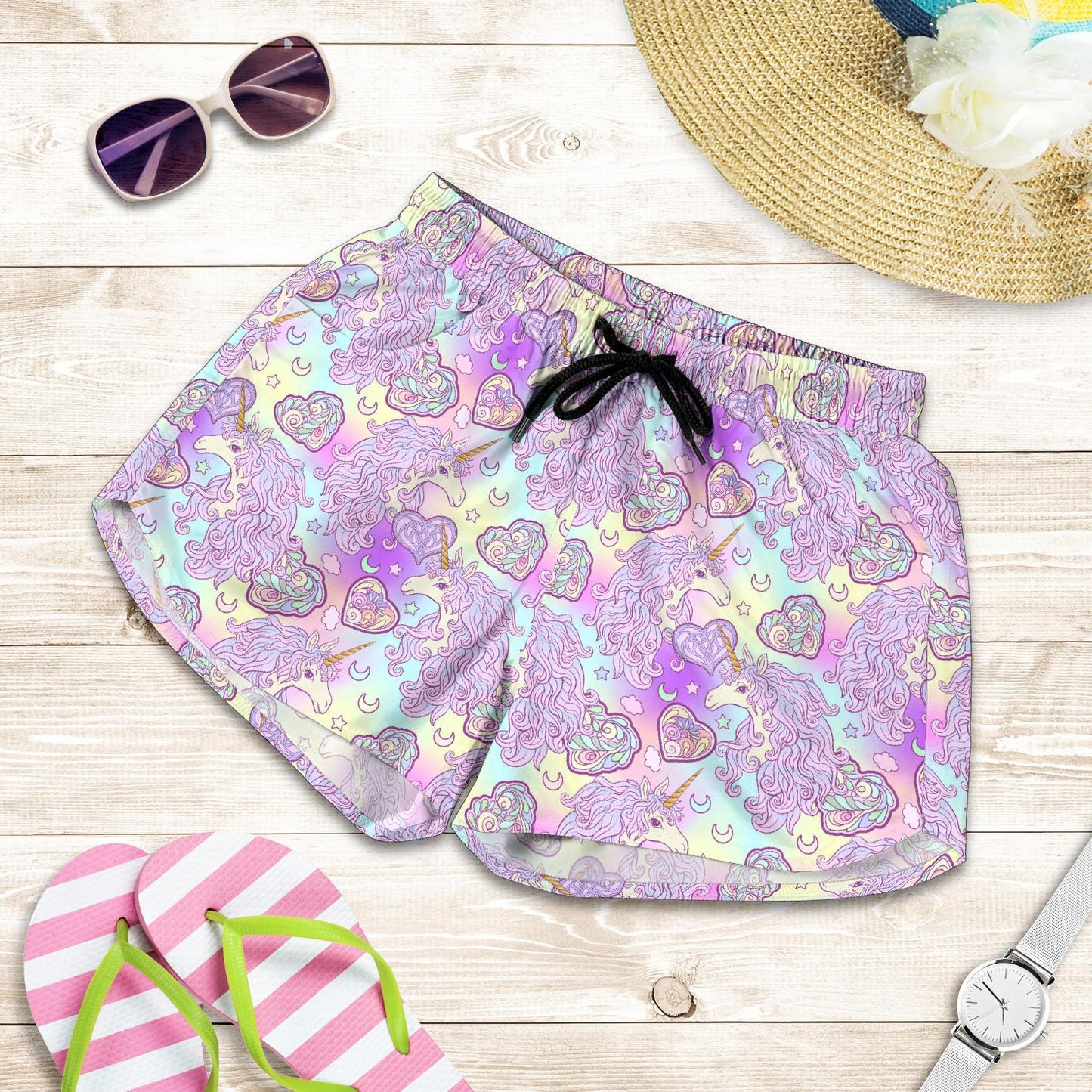 Unicorn Rainbow Star Heart Print Women Shorts-JTAMIGO.COM
