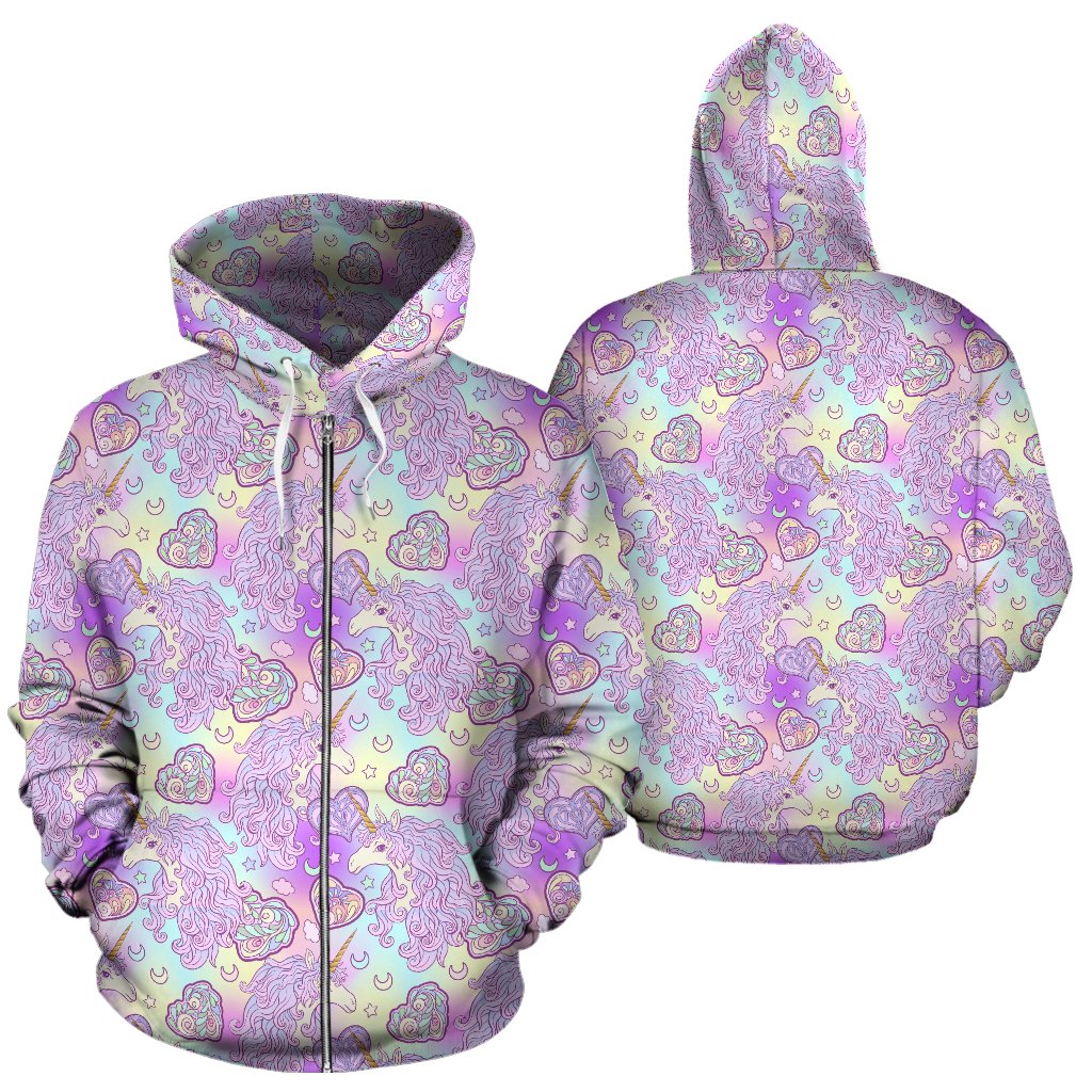 Unicorn Rainbow Star Heart Print Zip Up Hoodie