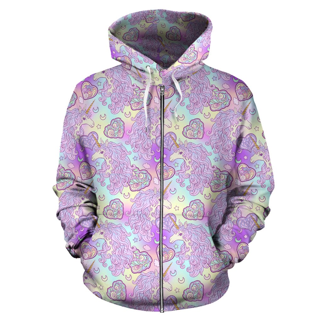 Unicorn Rainbow Star Heart Print Zip Up Hoodie