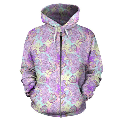 Unicorn Rainbow Star Heart Print Zip Up Hoodie