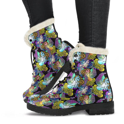 Unicorn With Wings Print Pattern Faux Fur Leather Boots-JTAMIGO.COM