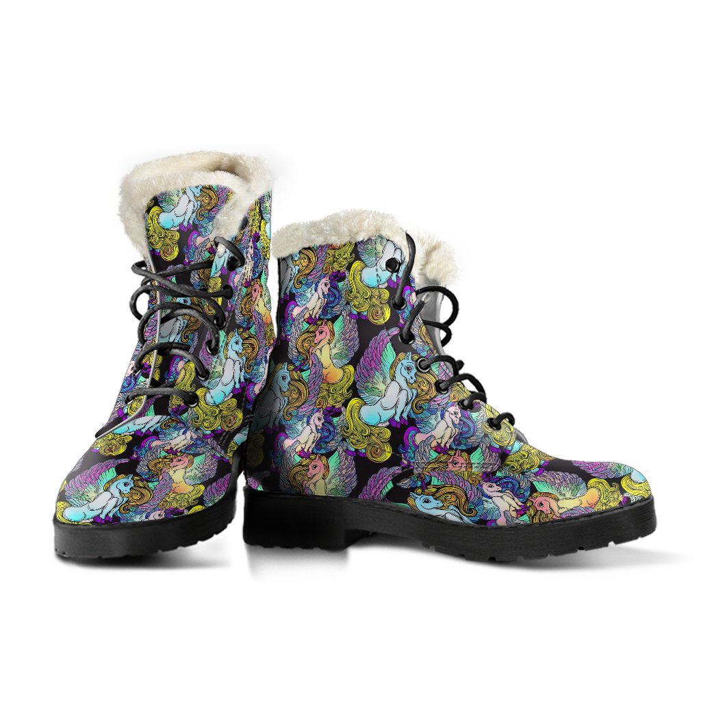 Unicorn With Wings Print Pattern Faux Fur Leather Boots-JTAMIGO.COM