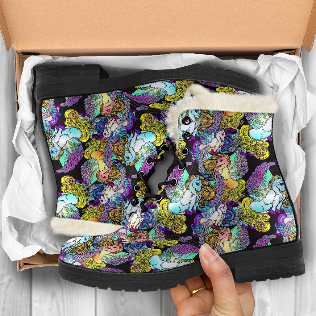 Unicorn With Wings Print Pattern Faux Fur Leather Boots-JTAMIGO.COM