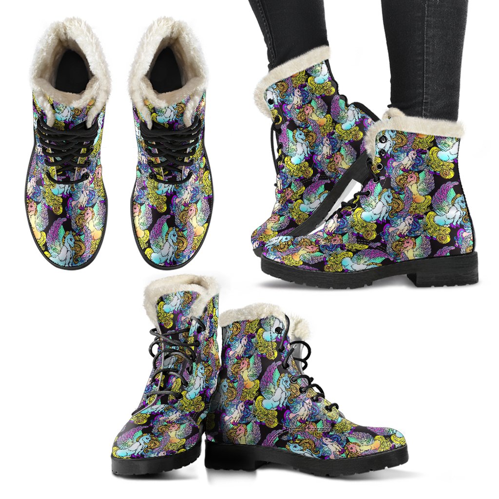 Unicorn With Wings Print Pattern Faux Fur Leather Boots-JTAMIGO.COM
