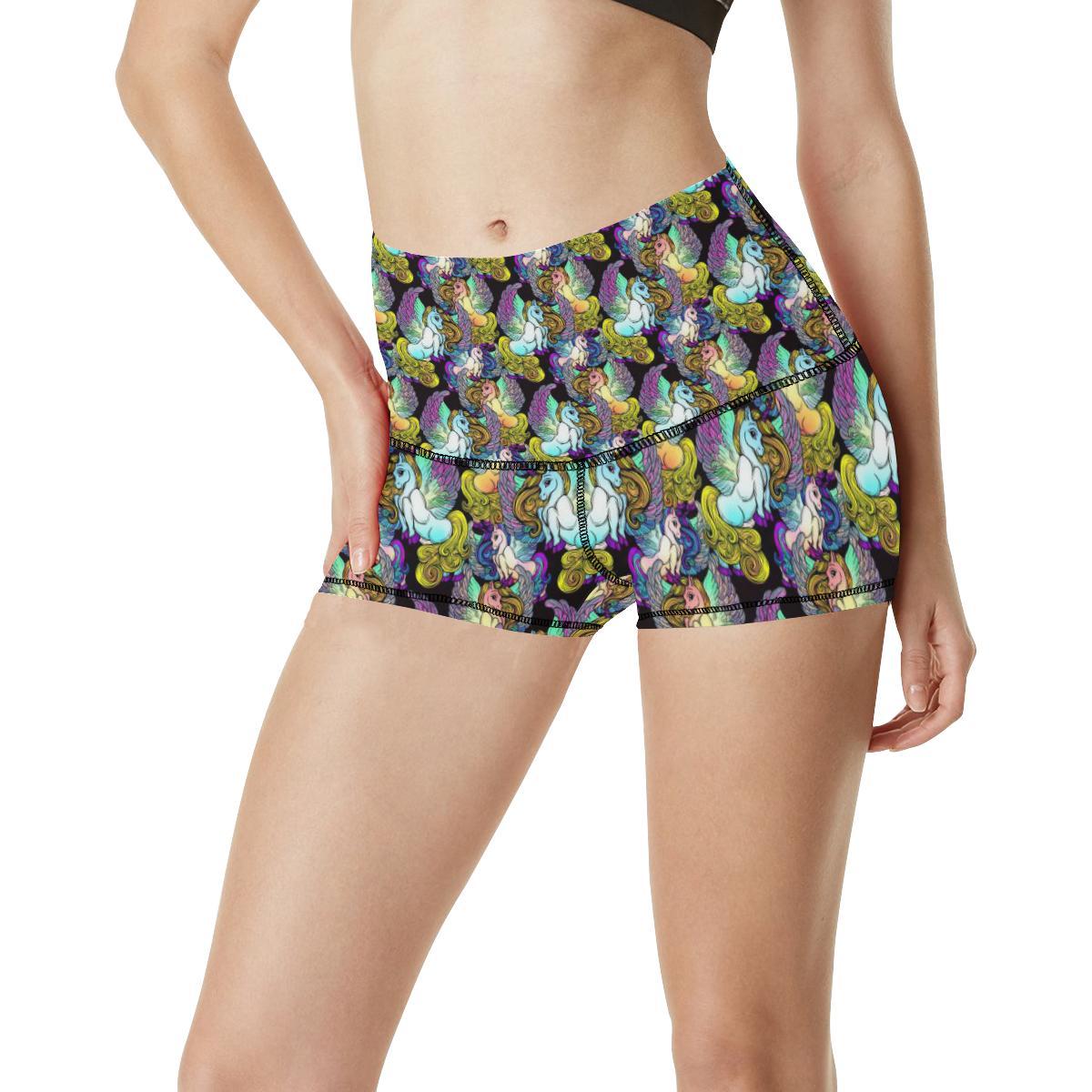 Unicorn With Wings Print Pattern High Waisted Spandex Shorts-JTAMIGO.COM