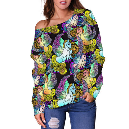 Unicorn With Wings Print Pattern Off Shoulder Sweatshirt