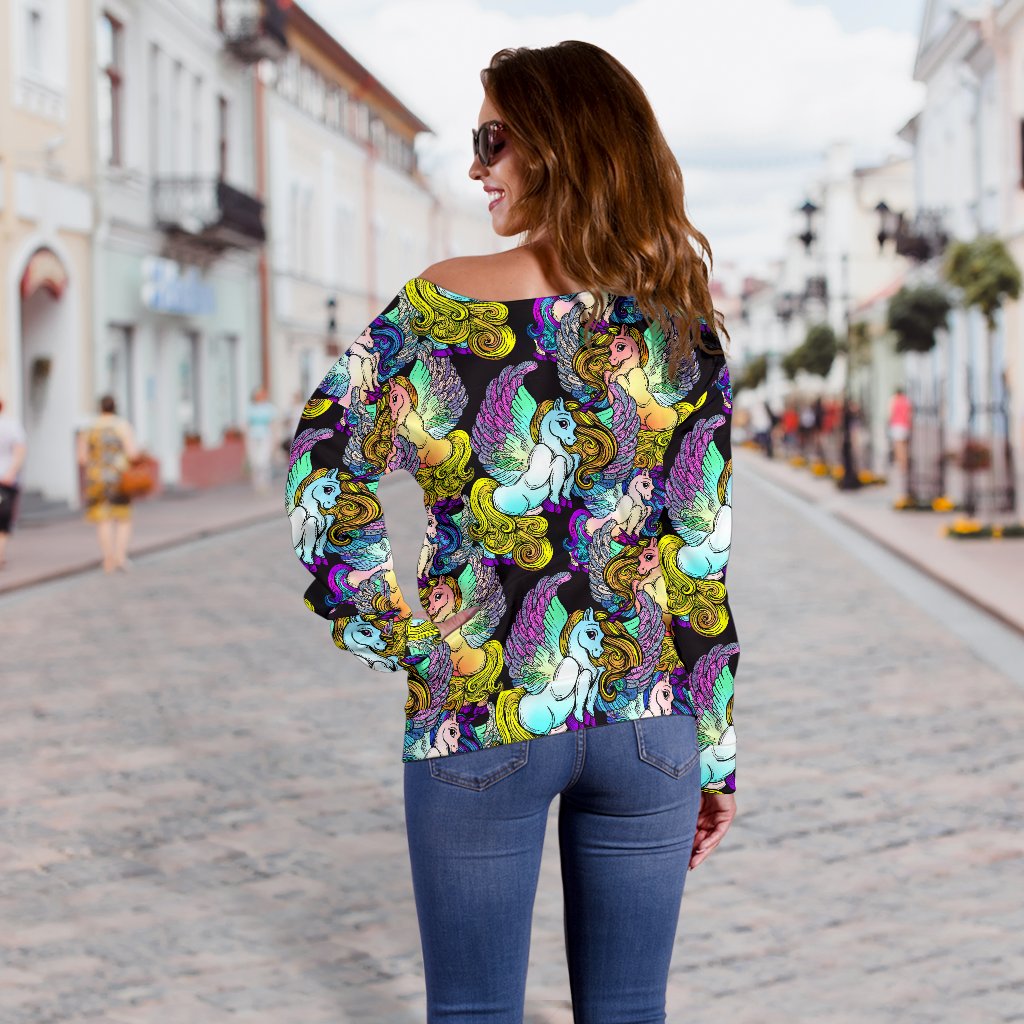 Unicorn With Wings Print Pattern Off Shoulder Sweatshirt