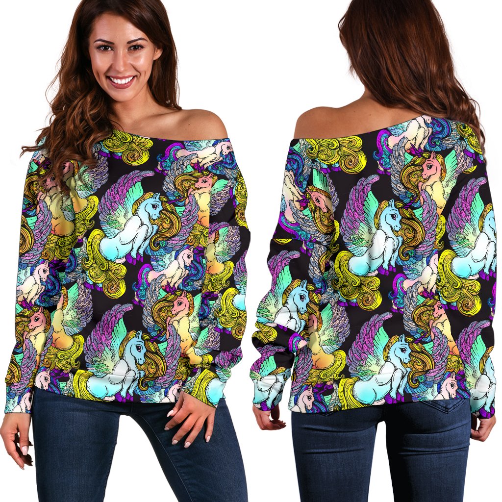 Unicorn With Wings Print Pattern Off Shoulder Sweatshirt