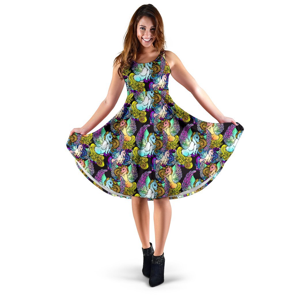 Unicorn With Wings Print Pattern Sleeveless Dress
