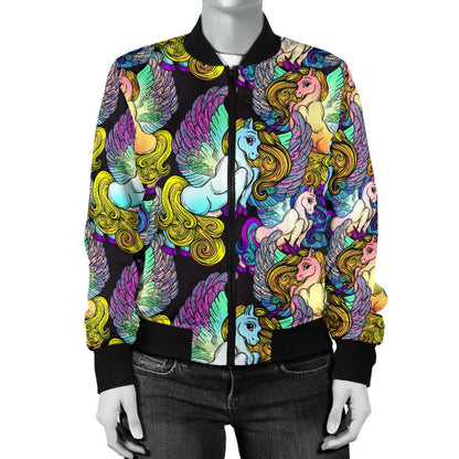 Unicorn With Wings Print Pattern Women Casual Bomber Jacket