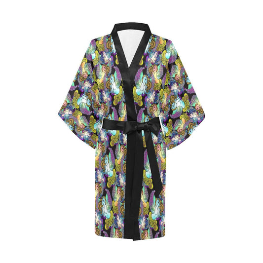 Unicorn With Wings Print Pattern Women Short Kimono Robe
