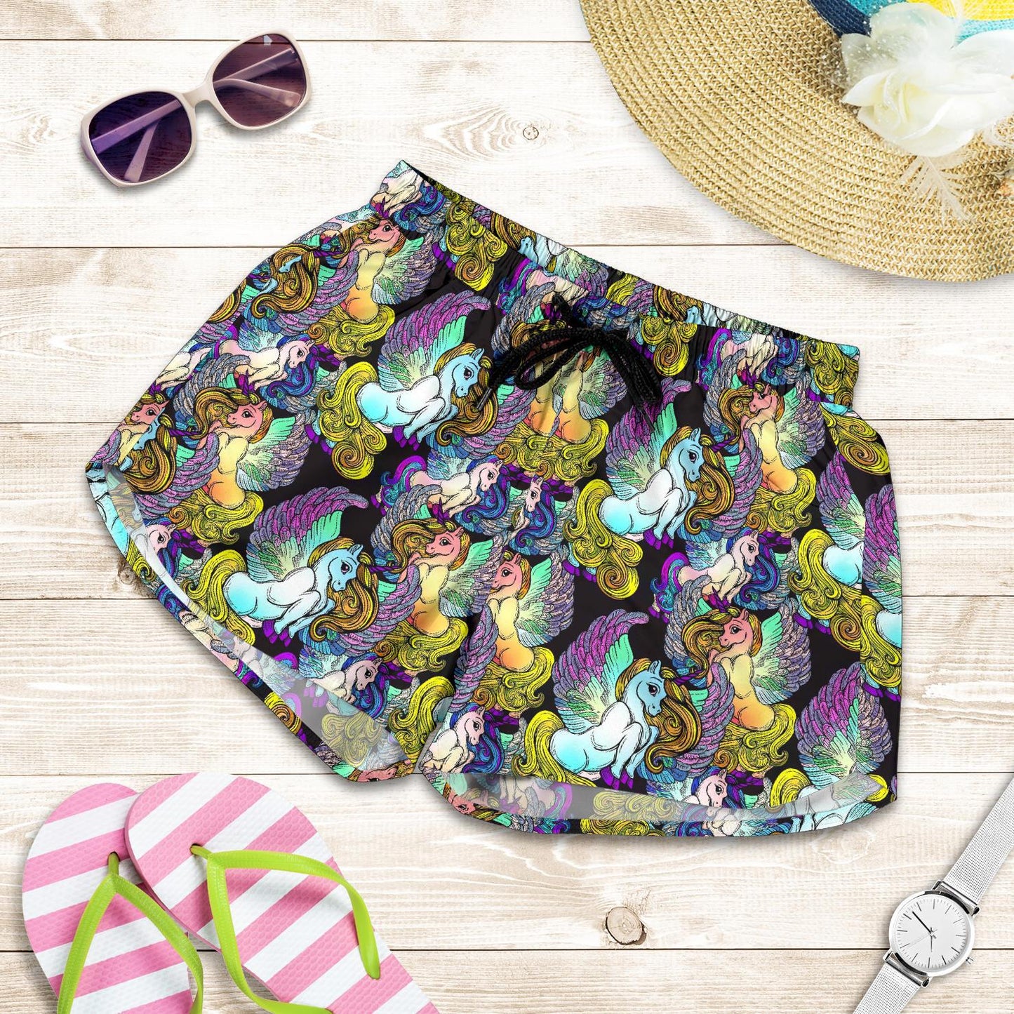 Unicorn With Wings Print Pattern Women Shorts-JTAMIGO.COM