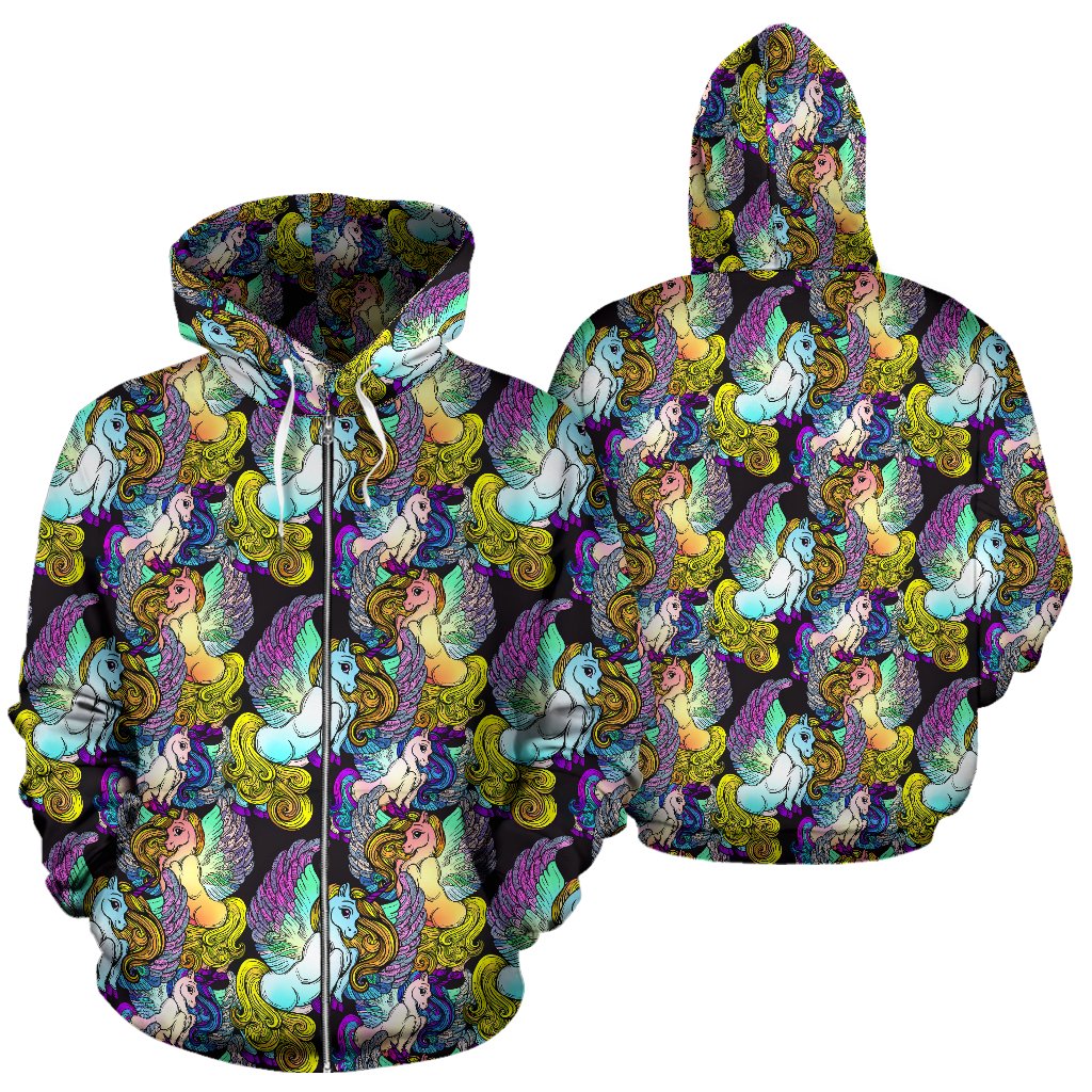 Unicorn With Wings Print Pattern Zip Up Hoodie