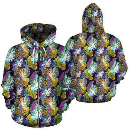 Unicorn With Wings Print Pattern Zip Up Hoodie