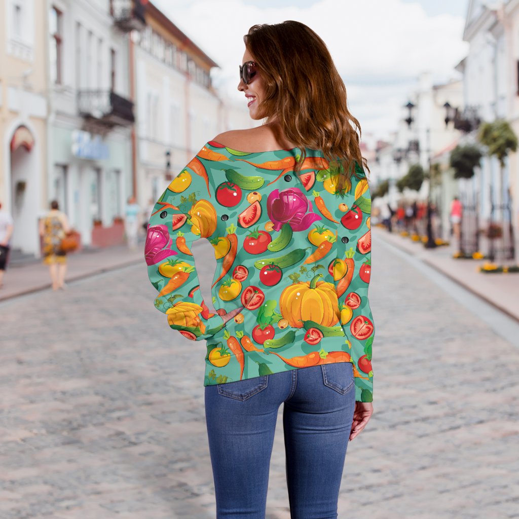 Vegan Colorful Themed Design Print Off Shoulder Sweatshirt