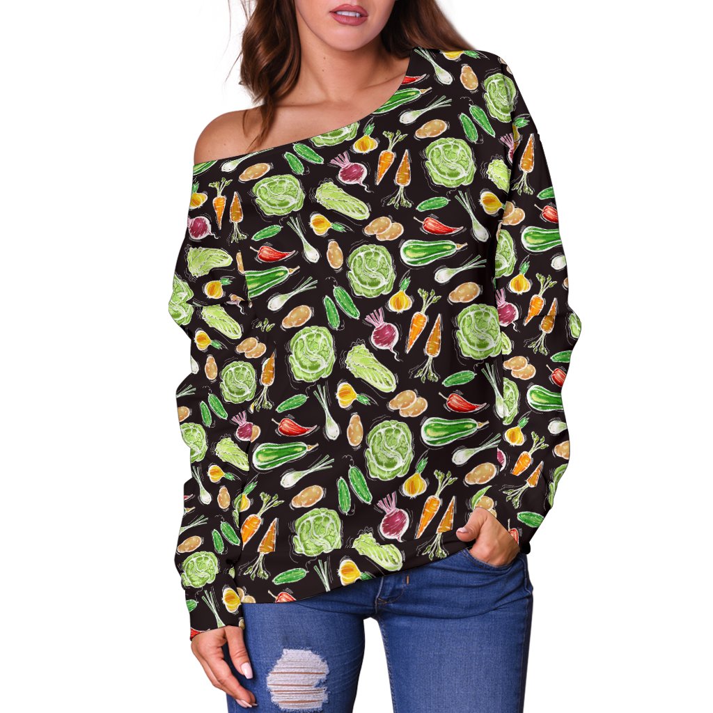 Vegan Draw Themed Design Print Off Shoulder Sweatshirt