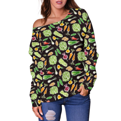 Vegan Draw Themed Design Print Off Shoulder Sweatshirt