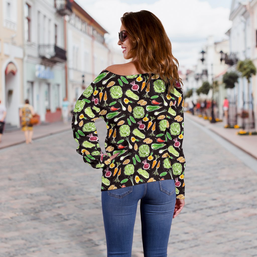 Vegan Draw Themed Design Print Off Shoulder Sweatshirt