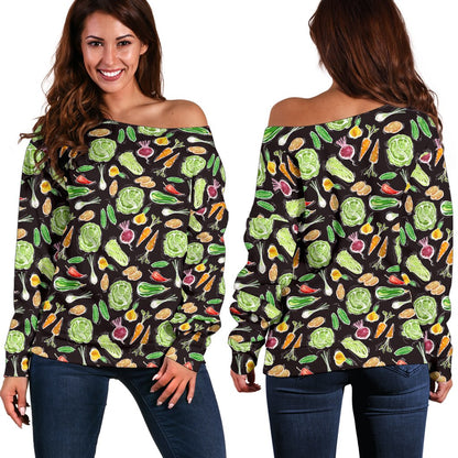 Vegan Draw Themed Design Print Off Shoulder Sweatshirt