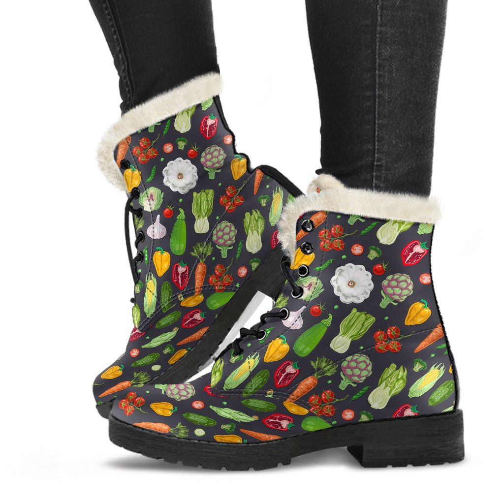Vegan Pattern Themed Design Print Faux Fur Leather Boots-JTAMIGO.COM