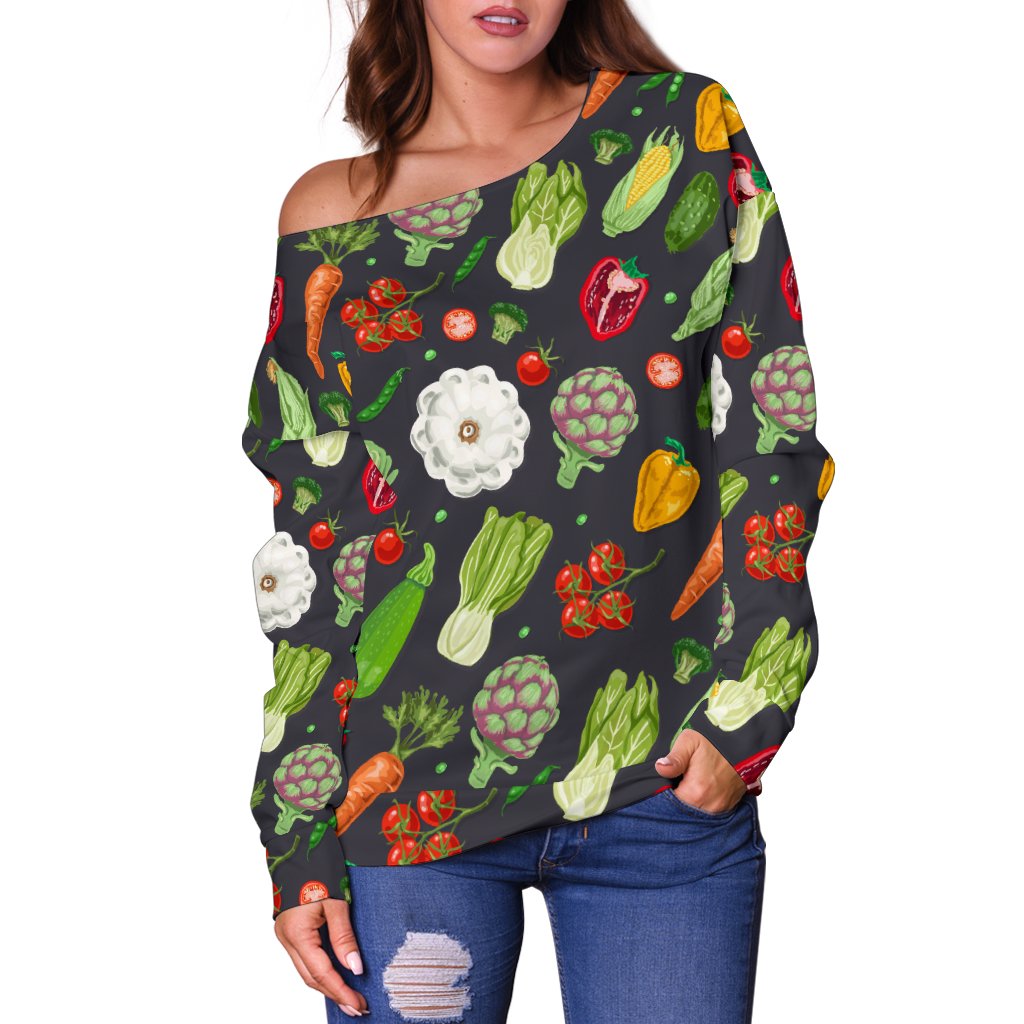Vegan Pattern Themed Design Print Off Shoulder Sweatshirt
