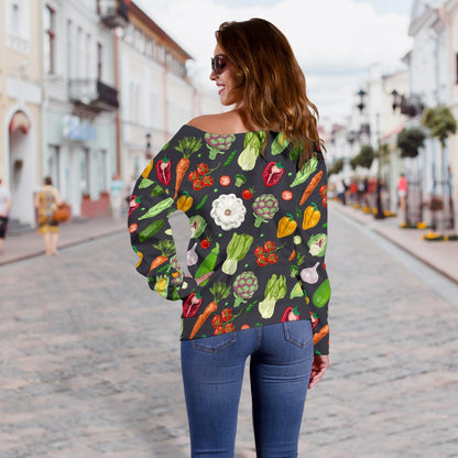 Vegan Pattern Themed Design Print Off Shoulder Sweatshirt