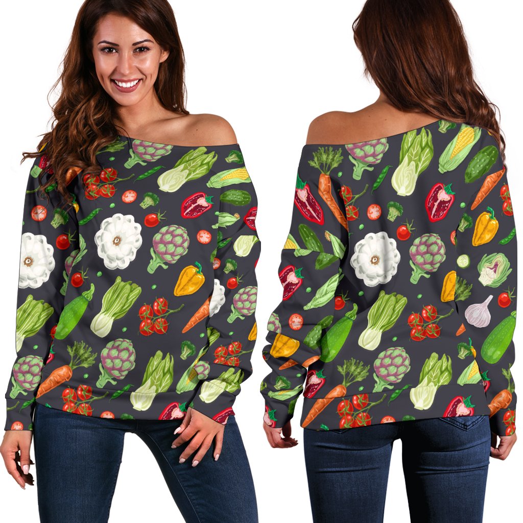 Vegan Pattern Themed Design Print Off Shoulder Sweatshirt