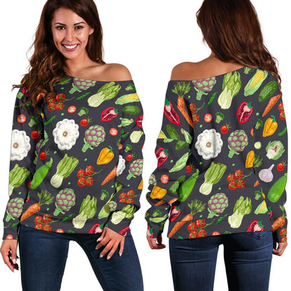 Vegan Pattern Themed Design Print Off Shoulder Sweatshirt