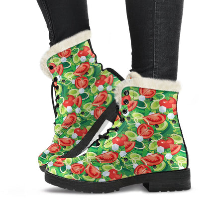 Vegan Salad Themed Design Print Faux Fur Leather Boots-JTAMIGO.COM