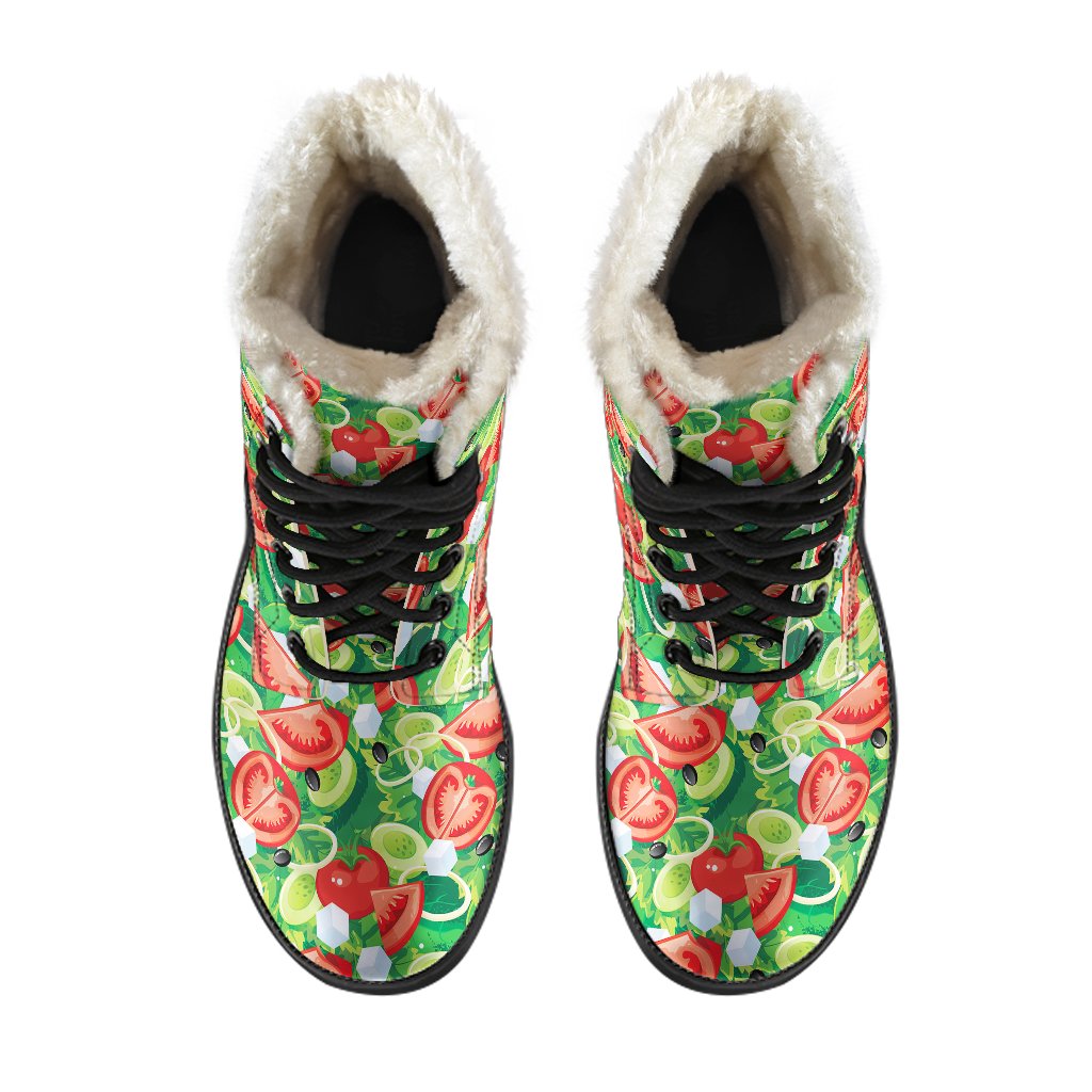 Vegan Salad Themed Design Print Faux Fur Leather Boots-JTAMIGO.COM