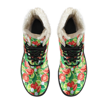 Vegan Salad Themed Design Print Faux Fur Leather Boots-JTAMIGO.COM