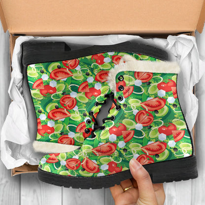 Vegan Salad Themed Design Print Faux Fur Leather Boots-JTAMIGO.COM