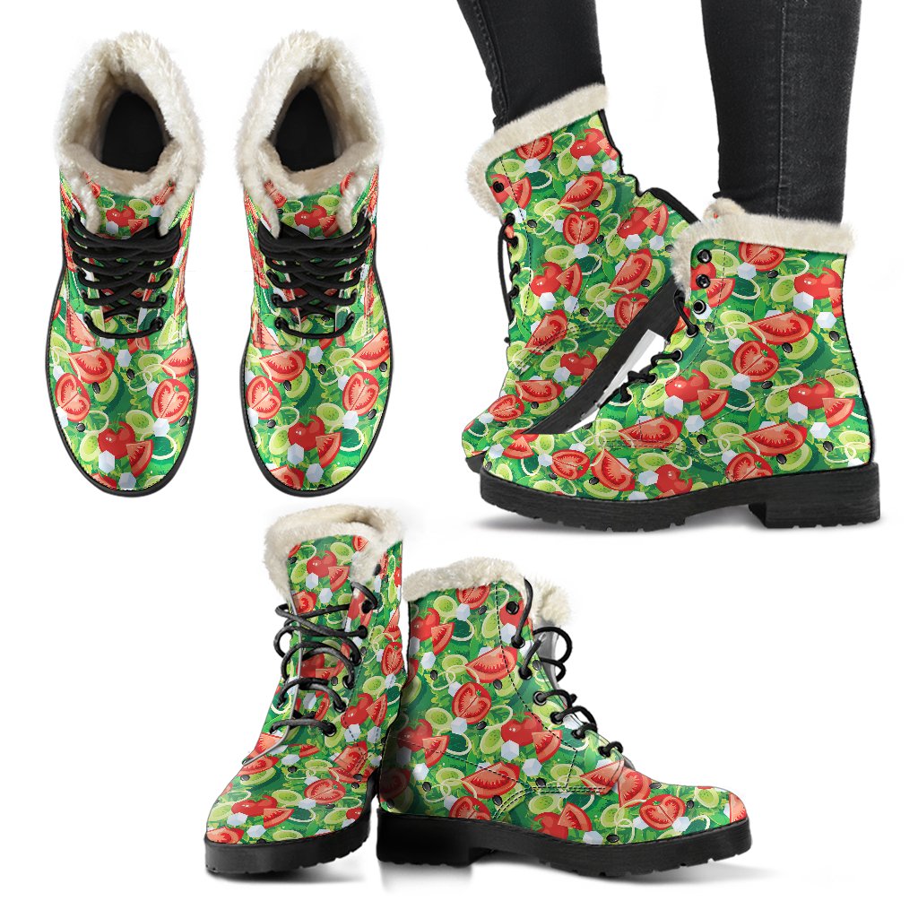 Vegan Salad Themed Design Print Faux Fur Leather Boots-JTAMIGO.COM
