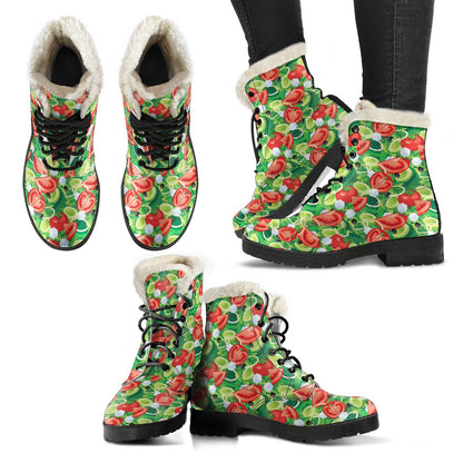 Vegan Salad Themed Design Print Faux Fur Leather Boots-JTAMIGO.COM