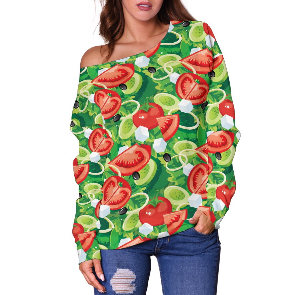 Vegan Salad Themed Design Print Off Shoulder Sweatshirt