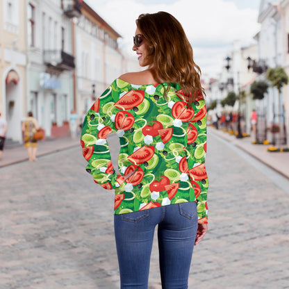 Vegan Salad Themed Design Print Off Shoulder Sweatshirt