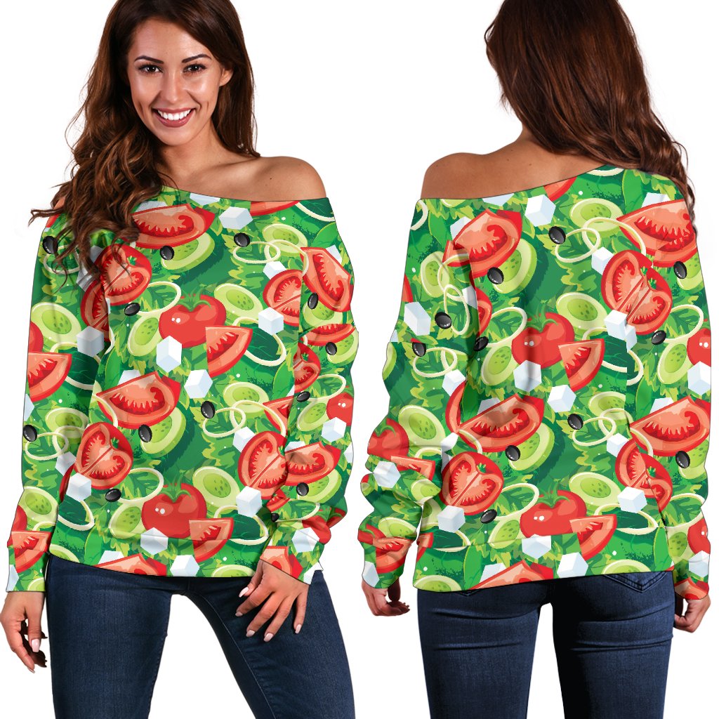 Vegan Salad Themed Design Print Off Shoulder Sweatshirt