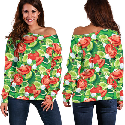 Vegan Salad Themed Design Print Off Shoulder Sweatshirt