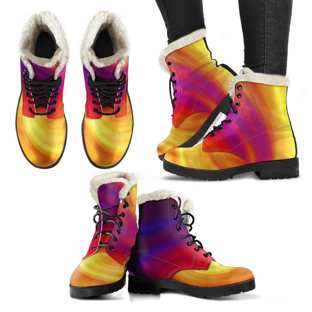 Vortex Twist Swirl Flame Themed Faux Fur Leather Boots-JTAMIGO.COM