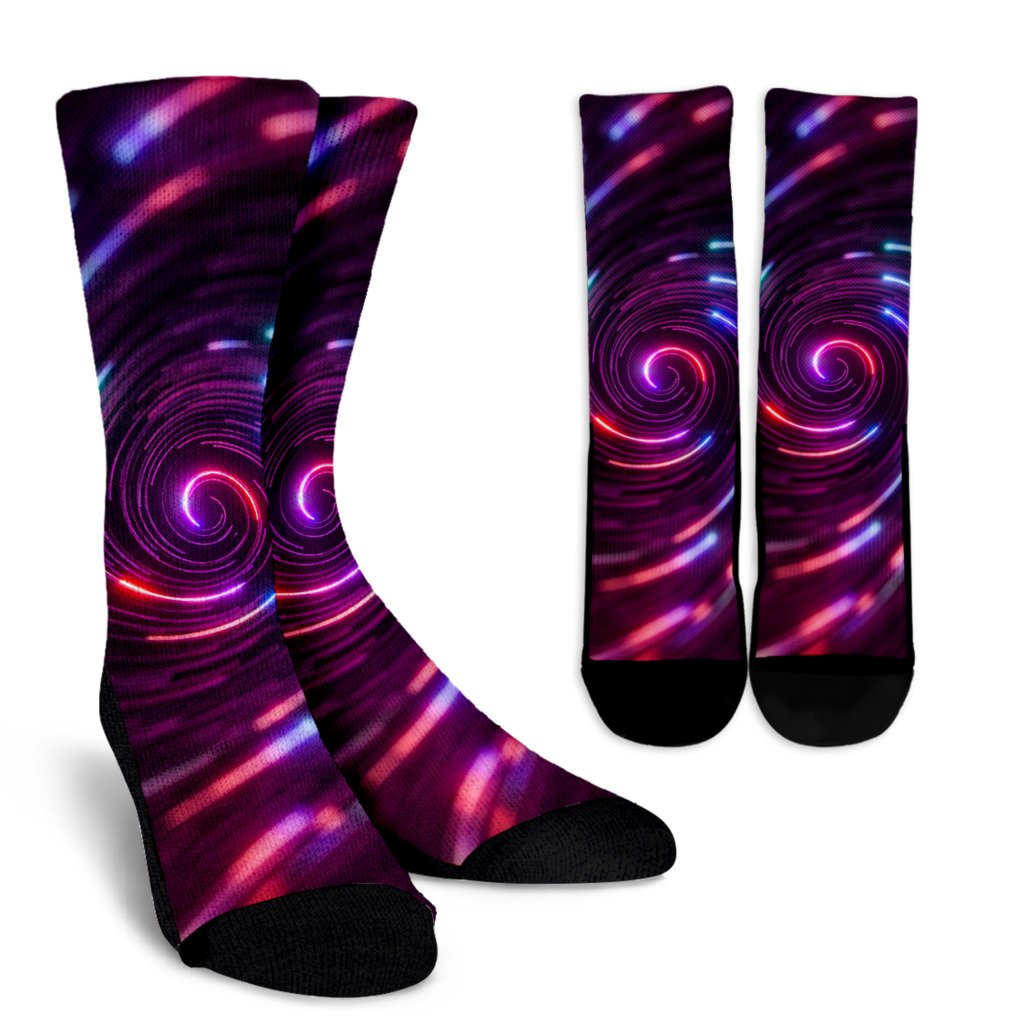 Vortex Twist Swirl Purple Neon Print Crew Socks